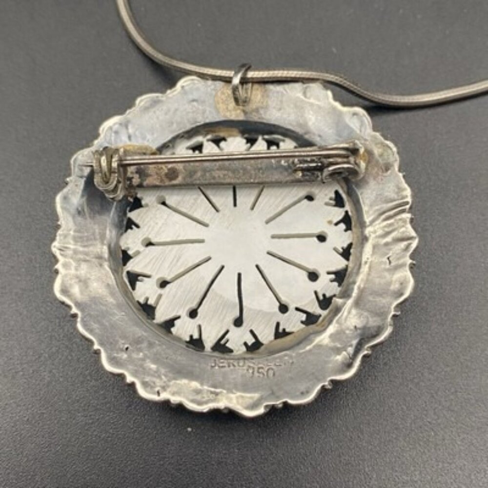 Vtg 950 Sterling Silver MOP Brooch Pendant Necklace Intricate Jerusalem 18” 14g - Picture 4 of 11